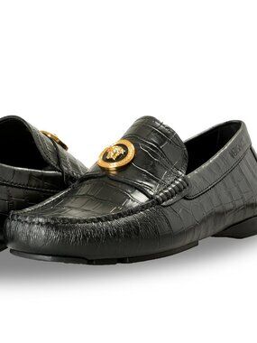 Versace Men's Black Leather Croc Print Medusa Driver Loafers Shoes US 7 IT 40